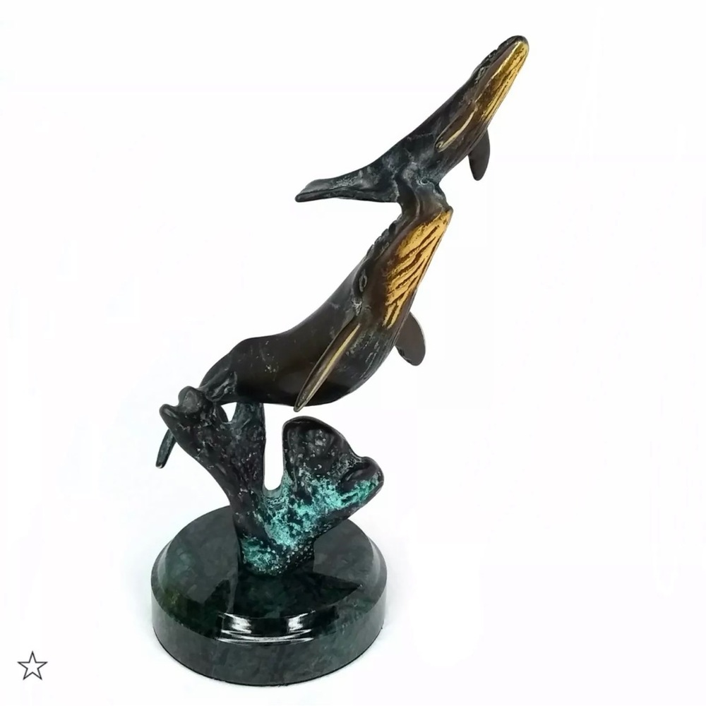 SPI Gallery Whale & Calf Solid Brass Sculpture Marble Base 7in Tall Nautical